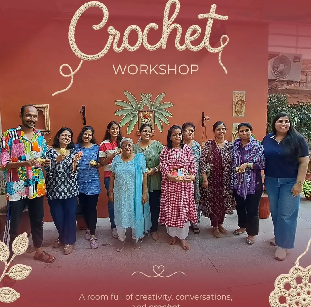 A group of about twelve women together after a crochet workshop at Saanjh The Bistro, Jodhpur