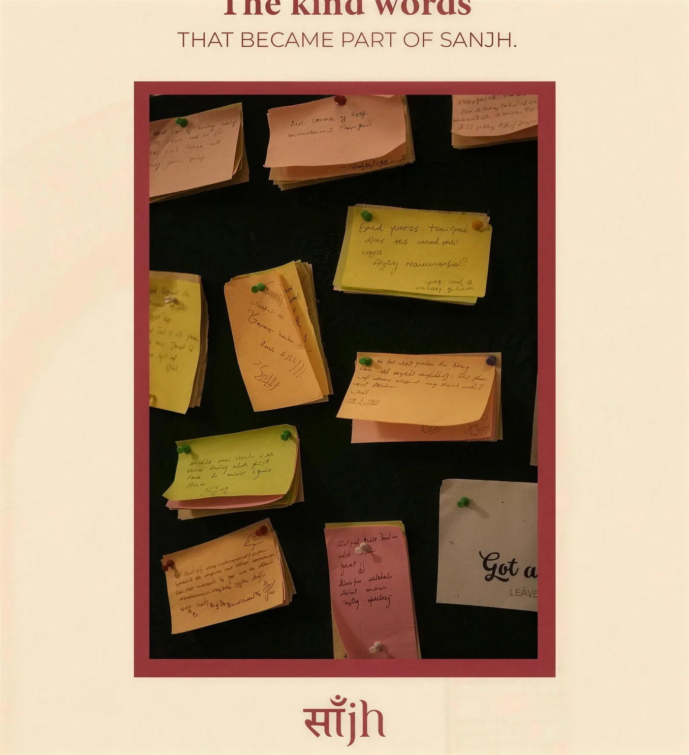 A board covered in handwritten notes on coloured cards, left by guests at Saanjh The Bistro, Jodhpur