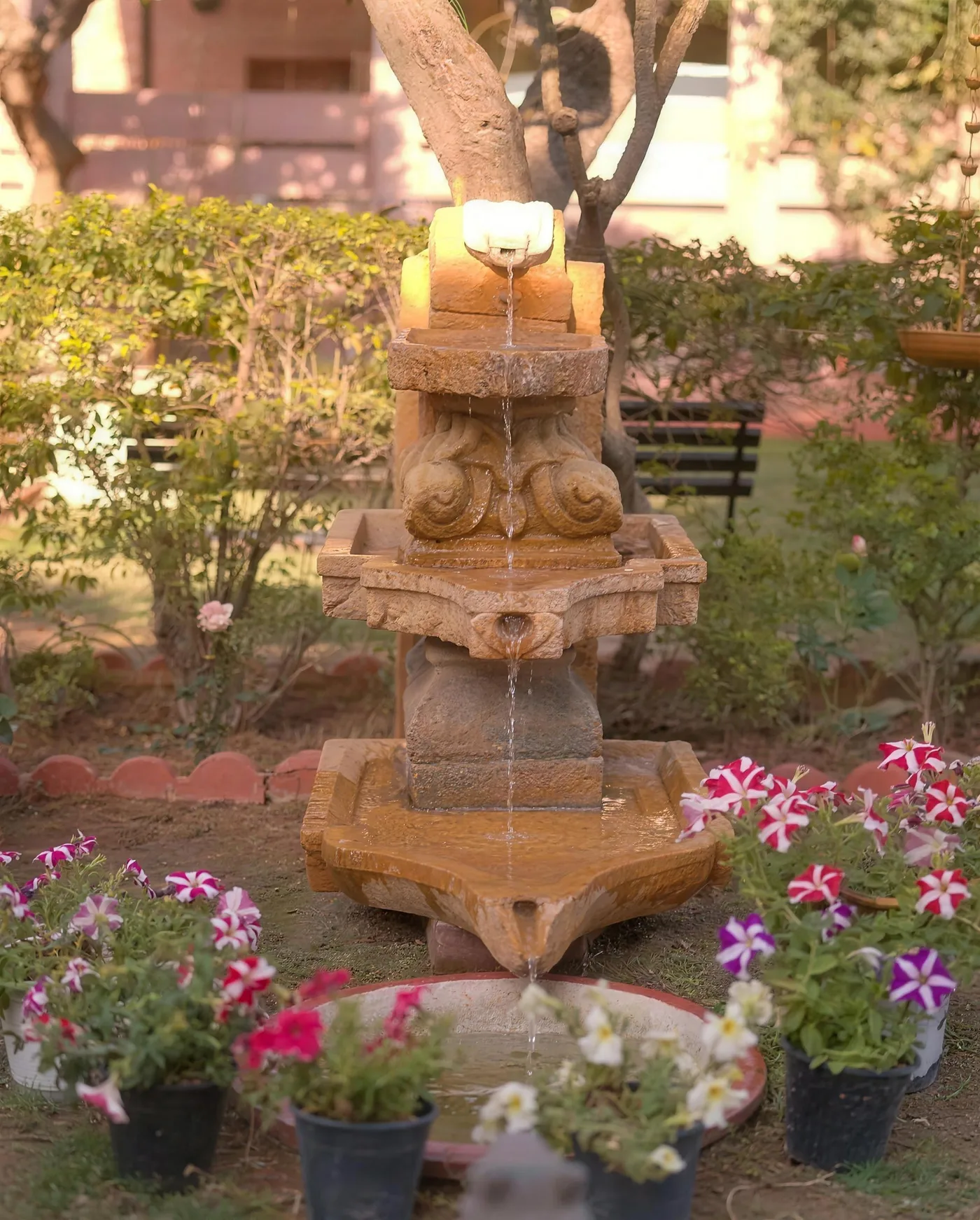 A carved sandstone fountain standing in a bed of pink flowers in the garden at Saanjh The Bistro, Jodhpur